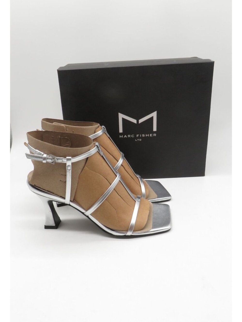 Marc Fisher Silver Strappy Mid-Heel Sandals Size 7M Open Toe NEW